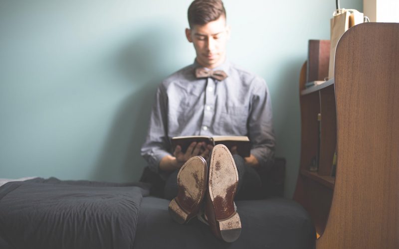 bed, book, man